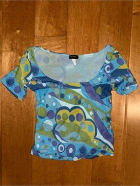 Cosabella Made in Italy Vintage Mesh Shirt Blouse Scoop Neck Blue Purple Green